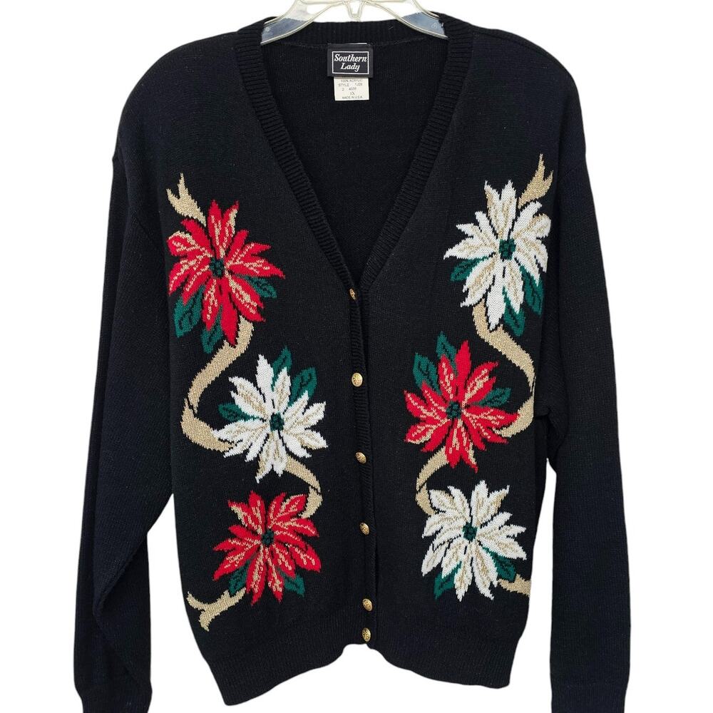 Southern Lady Floral Print V-Neck Button Down Sweater Black Women's Plus 1X Goth